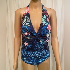 Johnny Was Annia Twist One Piece Swimsuit Halter Top Blue Pink Green Coral